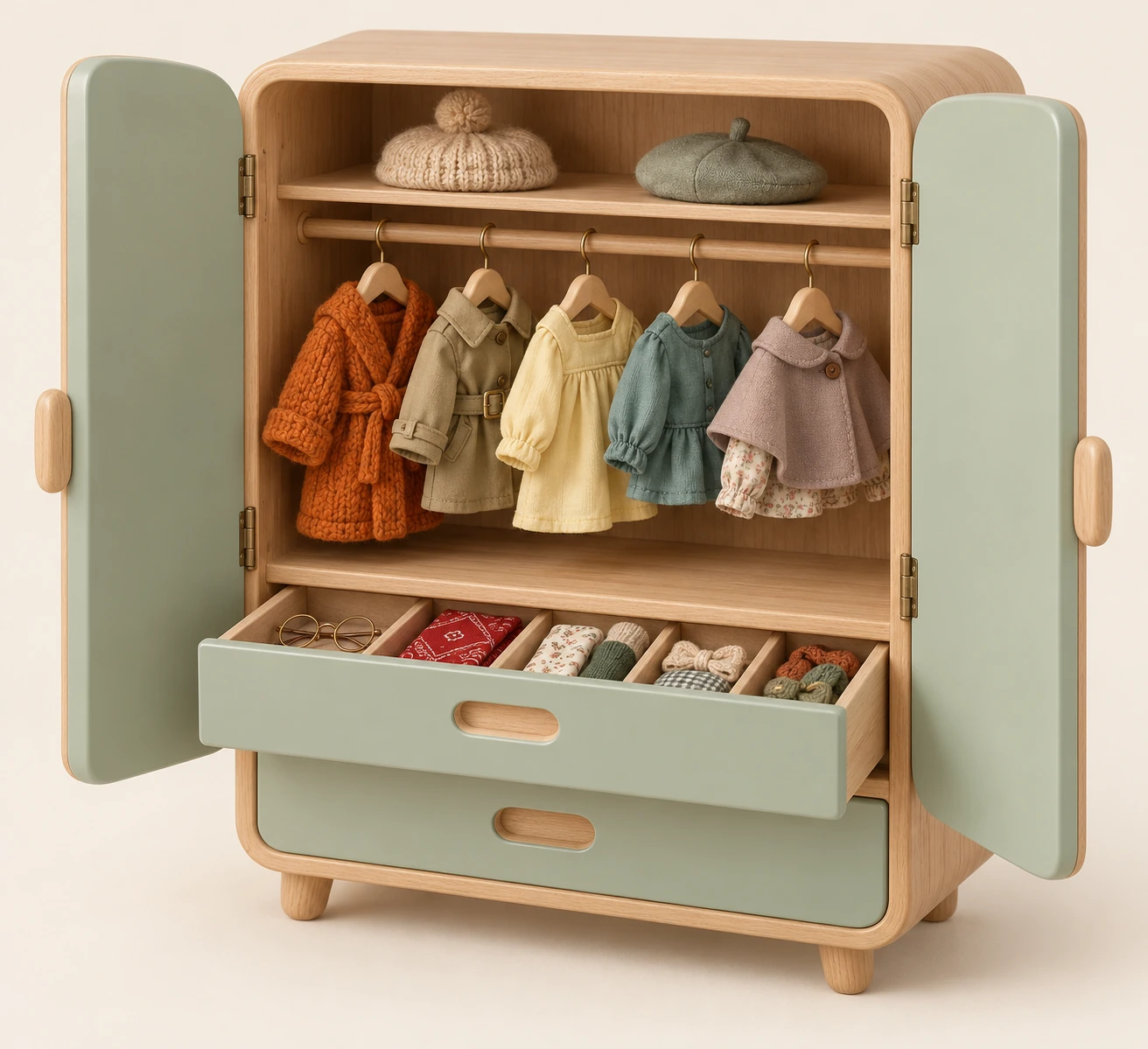 Illustrative rounded timber wardrobe with open sage doors, five outfits on hangers, a hat shelf and two drawers, the upper drawer open with divided accessory compartments.
